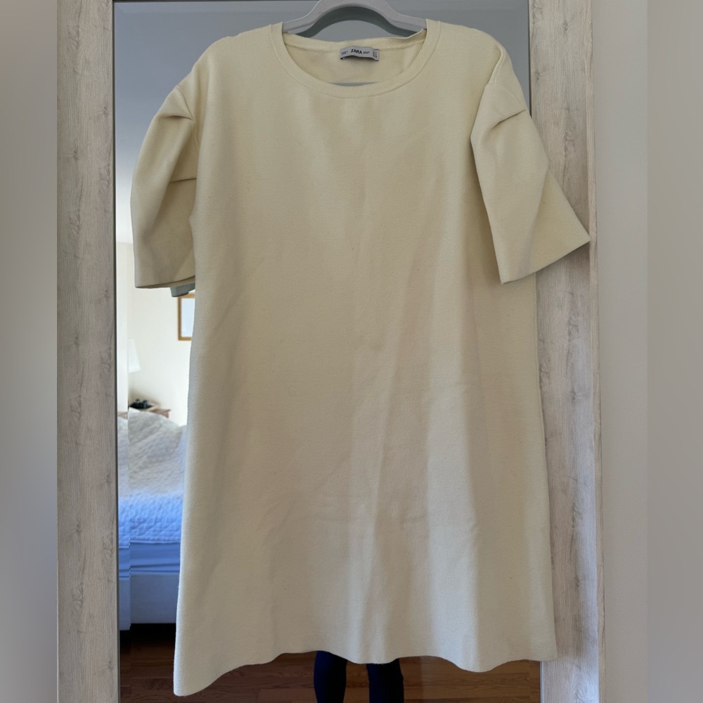 Zara Light Yellow Knit Puff Sleeve Sweater Mini Dress Size Medium
